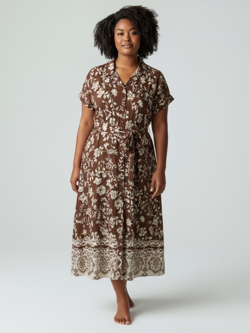 Embrace Boho Chic: Lucky Brand 2X Floral Button Front Tie Waist Midi Dress for C - Picture 1 of 8
